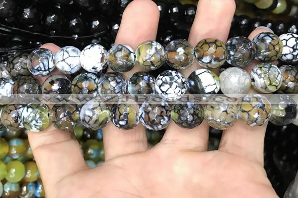 CAA3136 15 inches 12mm faceted round fire crackle agate beads wholesale