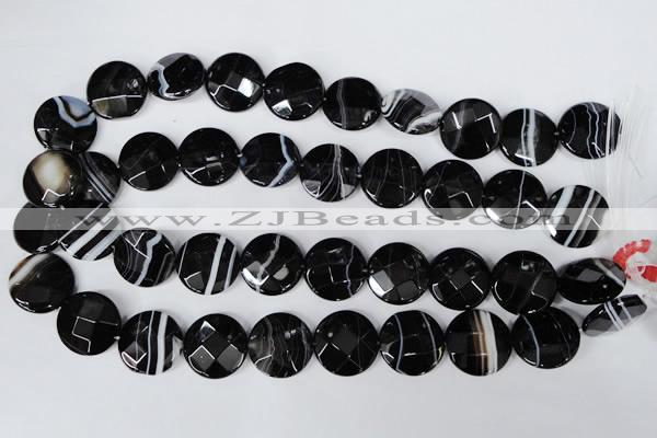 CAG3076 15.5 inches 20mm faceted coin black line agate beads