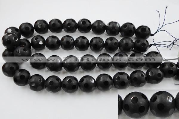 CAG3678 15.5 inches 22mm carved round matte black agate beads