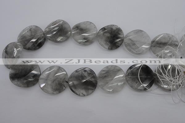 CCQ276 15.5 inches 30mm faceted & twisted coin cloudy quartz beads