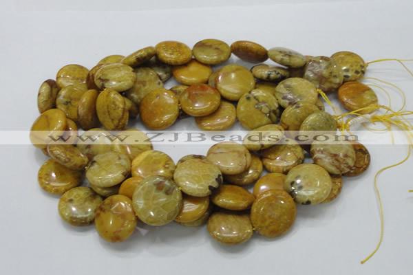 CFA44 15.5 inches 25mm flat round yellow chrysanthemum agate beads