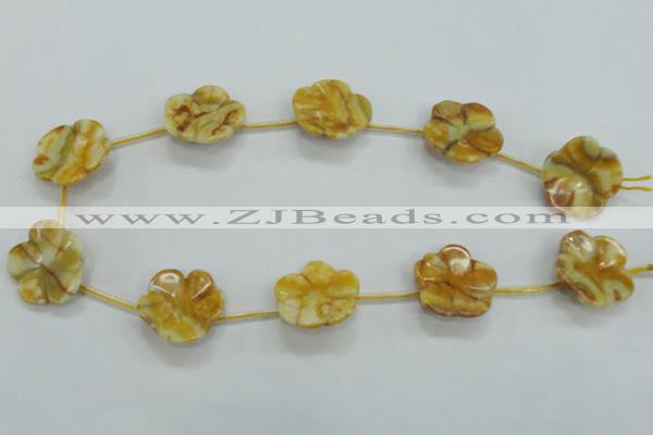 CFG17 15.5 inches 24mm carved flower yellow crazy lace agate beads