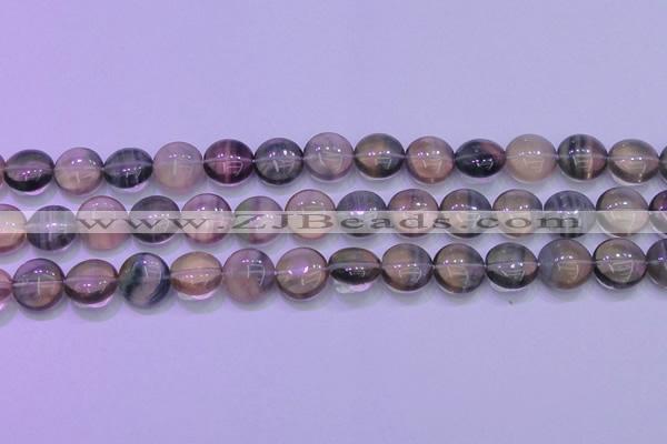 CFL1332 15.5 inches 12mm flat round purple fluorite gemstone beads