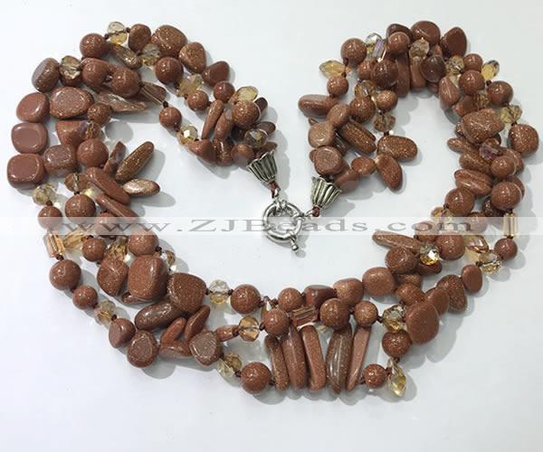 CGN714 22 inches fashion 3 rows goldstone beaded necklaces