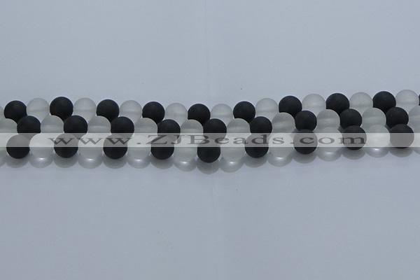 CNC112 15.5 inches 8mm round matte white crystal & black agate beads