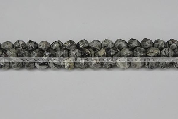 CNG6202 15.5 inches 10mm faceted nuggets grey picture jasper beads