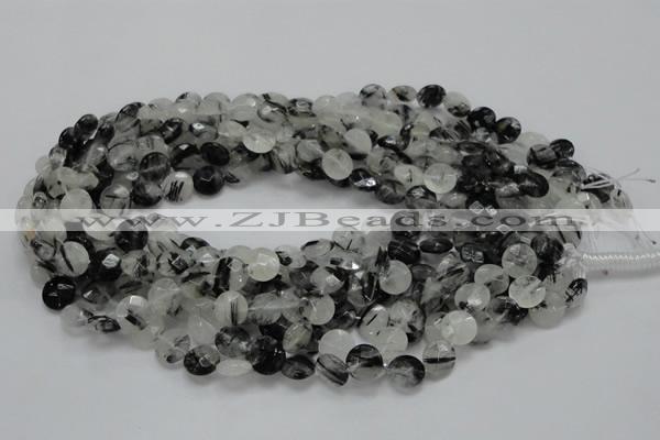 CRU02 15.5 inches 10mm faceted flat round black rutilated quartz beads