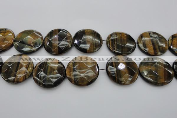 CTE1360 15.5 inches 40mm faceted coin yellow & blue tiger eye beads