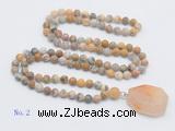 GMN4411 Hand-knotted 8mm, 10mm matte yellow crazy agate 108 beads mala necklace with pendant